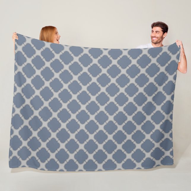 Blue-grey quatrefoil fleece blanket (In Situ)
