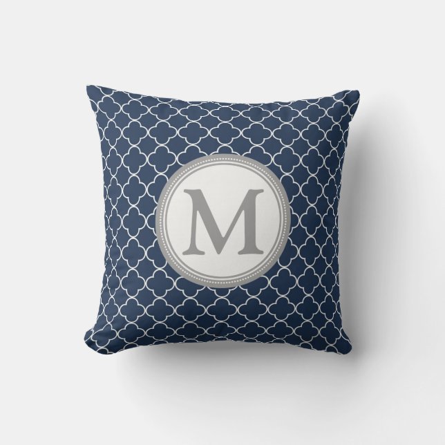 Blue Grey Quatrefoil Monogram Decorative Pillow (Front)