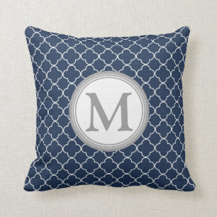 Blue Grey Quatrefoil Monogram Decorative Pillow