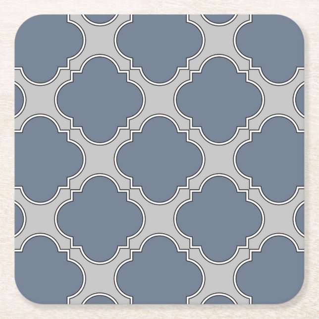 Blue-grey quatrefoil square paper coaster (Front)