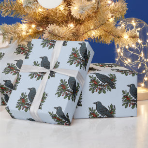 Blue Grey Raven Holly Winter Christmas Wrapping Paper