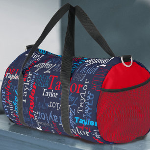 blue grey red personalised name all over duffle bag