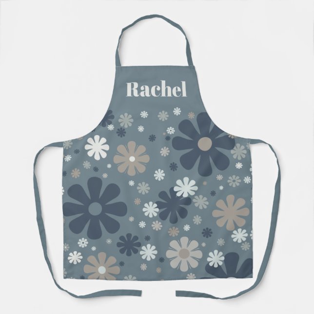 Blue Grey Retro Floral Personalised Pattern Apron (Front)