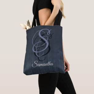 Blue Grey rustic monogram dark ombre striped Tote Bag