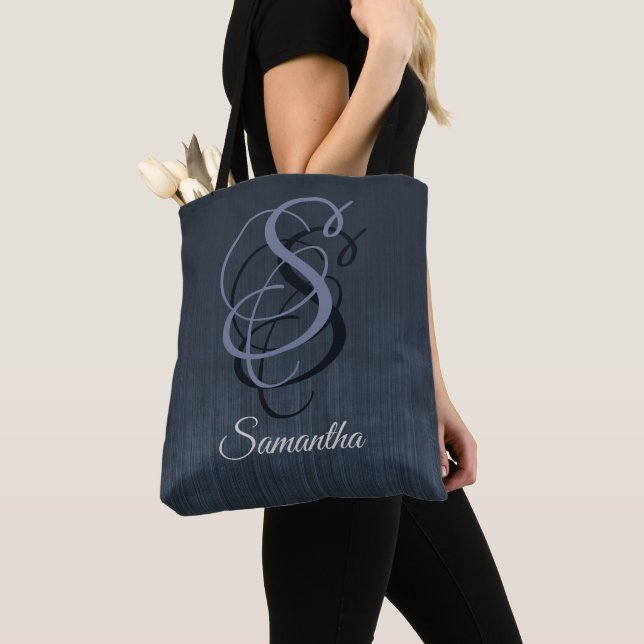 Blue Grey rustic monogram dark ombre striped Tote Bag (Close Up)