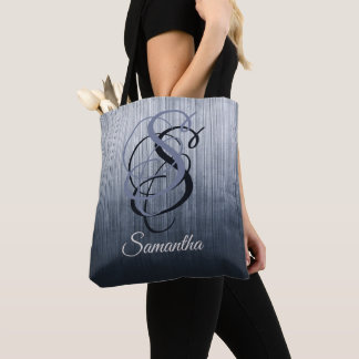 Blue Grey rustic monogram ombre striped Tote Bag