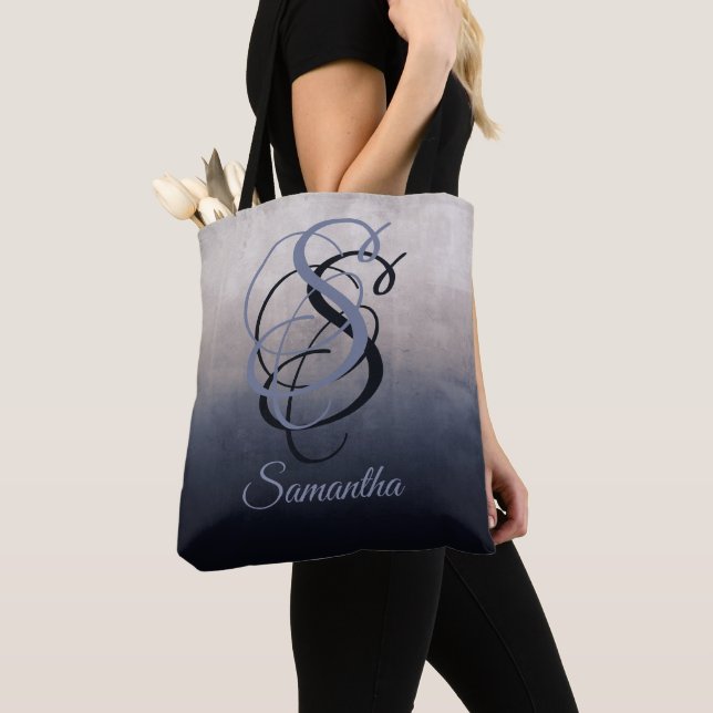 Blue Grey rustic monogram ombre Tote Bag (Close Up)