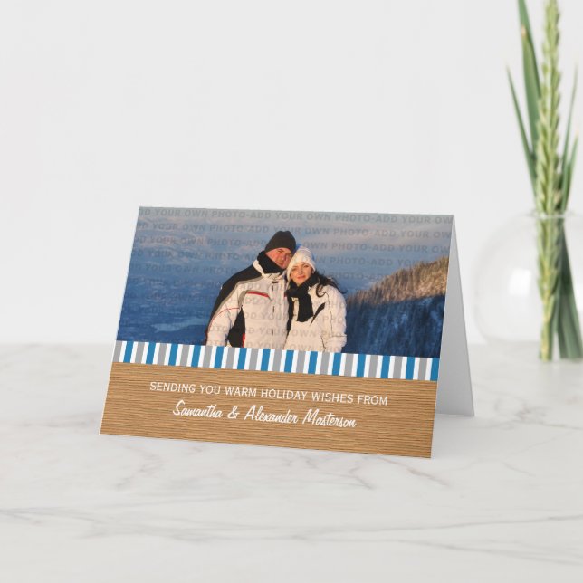 Blue/Grey Rustic Stripes Photo Card (Front)