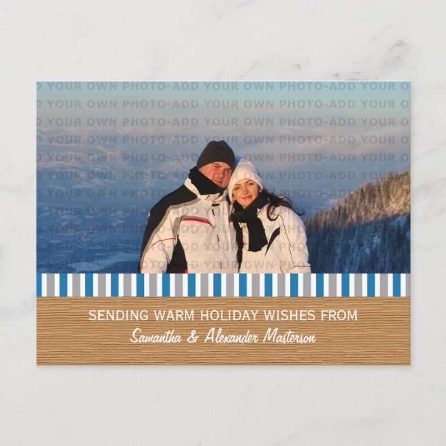 Blue/Grey Rustic Stripes Photo Postcard (Front)