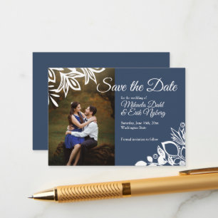 Blue Grey Save the Date Card w/ White Floral Frame