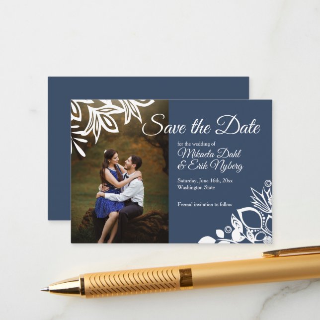Blue Grey Save the Date Card w/ White Floral Frame (Front/Back In Situ)