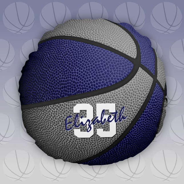 blue grey school colours girls boys basketball roo round cushion (Blue and gray team colors round basketball pillow)