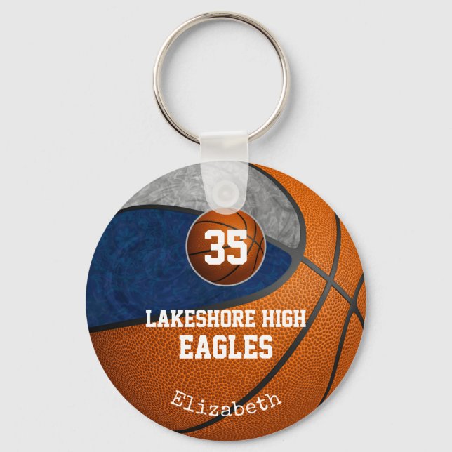 blue grey school team colours girls' basketball key ring (Front)