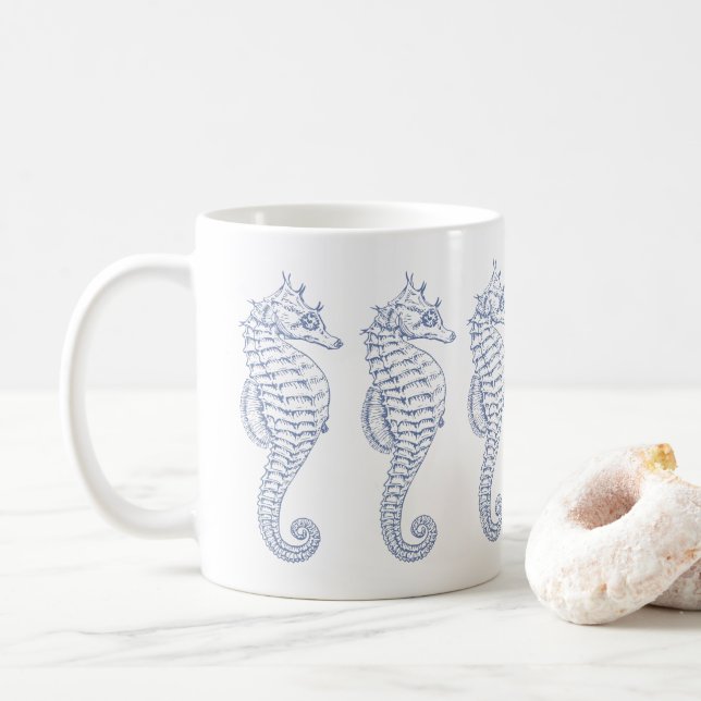Blue Grey Seahorses Drawing Coffee Mug (With Donut)
