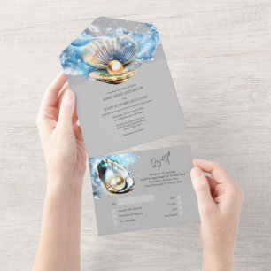 Blue grey seashell pearl oyster shell beach chic all in one invitation