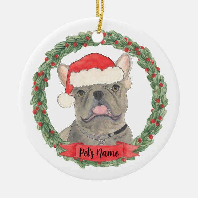 Blue Grey Silver Frenchie French Bulldog Ceramic Ornament (Front)