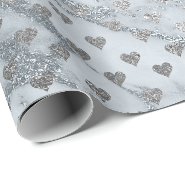 Blue Grey Silver Marble Stone Hearts Confetti Wrapping Paper (Roll Corner)
