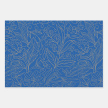 Blue Grey Silver Modern Floral Wrapping Paper