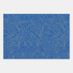Blue Grey Silver Modern Floral Wrapping Paper