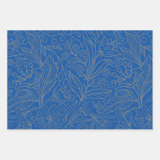 Blue Grey Silver Modern Floral Wrapping Paper