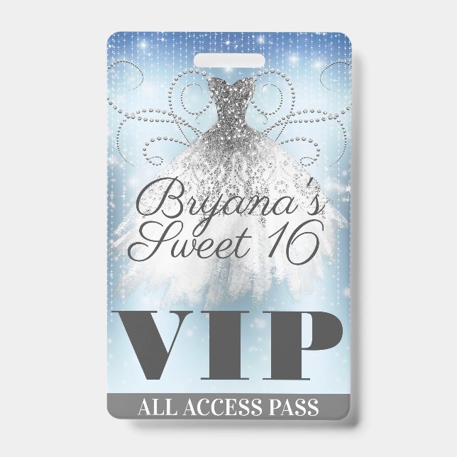 Blue Grey Silver Sparkle Dress Sweet 16 VIP Pass ID Badge (Front)