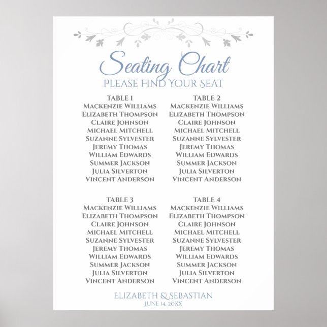 Blue & Grey Simple 4 Table Wedding Seating Chart (Front)