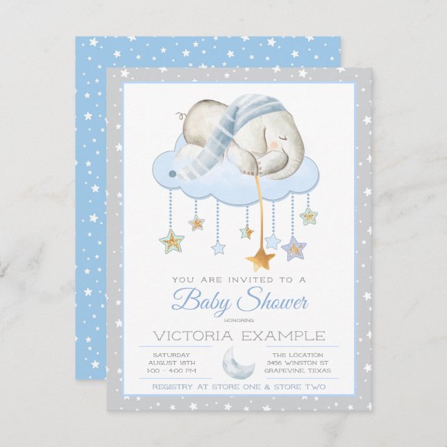 Blue Grey Sleepy Elephant Baby Shower Invitations (Front/Back)