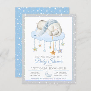 Blue Grey Sleepy Elephant Baby Shower Invitations