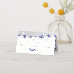 Blue, grey snowflake winter wedding folded escort place card