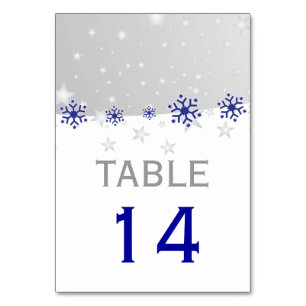 Blue, grey snowflakes modern wedding table number