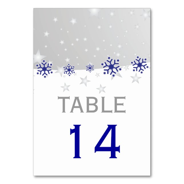 Blue, grey snowflakes modern wedding table number (Front)