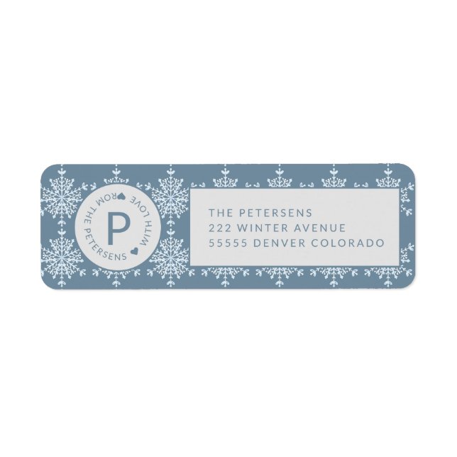 Blue Grey Snowflakes Pattern Monogrammed Christmas Return Address Label (Front)