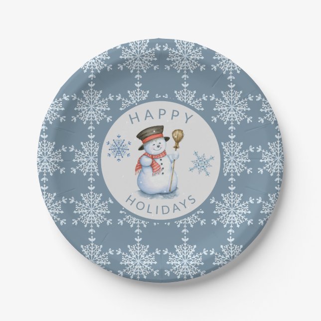 Blue Grey Snowflakes Snowman Holiday Party Paper Plate (Front)