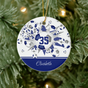 Blue grey soccer balls stars keepsake  ceramic ornament