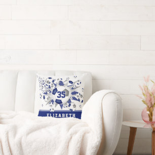 blue grey sports girls name soccer balls stars cushion