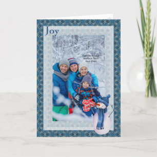 Blue Grey Star Pattern And Snowman Christmas Holiday Card