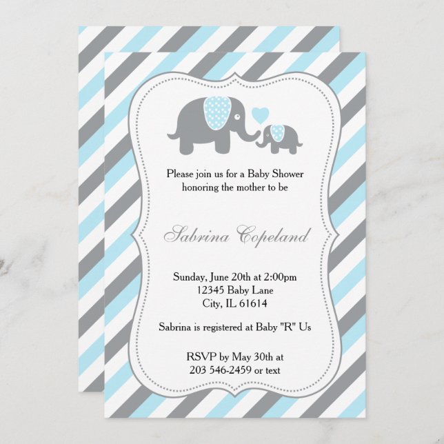 Blue & Grey Stripe Elephant Baby Shower Invitation (Front/Back)