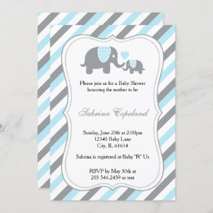 Blue & Grey Stripe Elephant Baby Shower Invitation