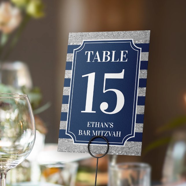 Blue, Grey Striped Bar Mitzvah Table Number (Striped navy, gray traditional preppy Bar Mitzvah table number card. )