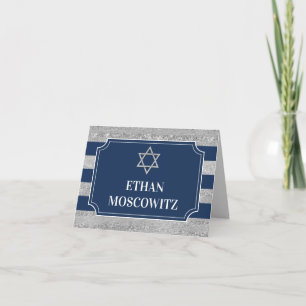 Blue, Grey Striped Bar Mitzvah Thank You Card