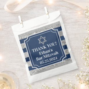 Blue, Grey Striped Bar Mitzvah Thank You  Favour Bag