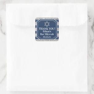 Blue, Grey Striped Bar Mitzvah Thank You Square Sticker