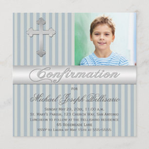 Blue Grey Stripes Confirmation Photo Invitation