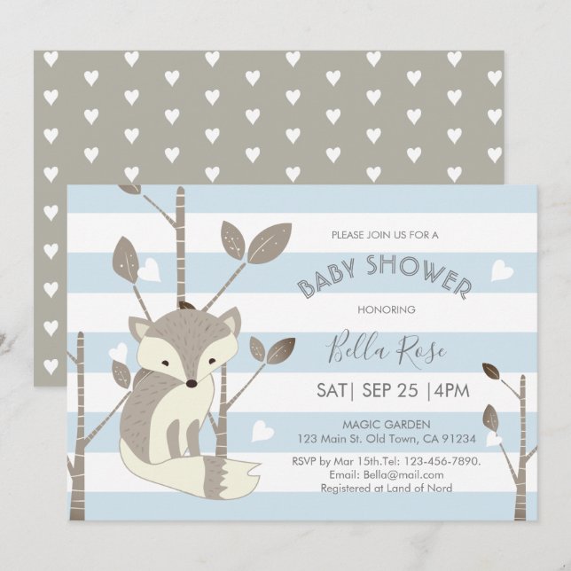 Blue Grey Stripes Fox Heart Baby Shower Invitation (Front/Back)