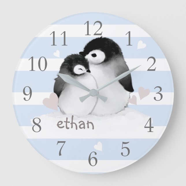 Blue Grey Stripes Penguin Nursery Wall Clock (Front)