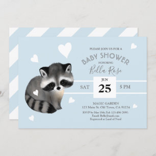 Blue Grey Stripes Racoon Baby Shower Invitation