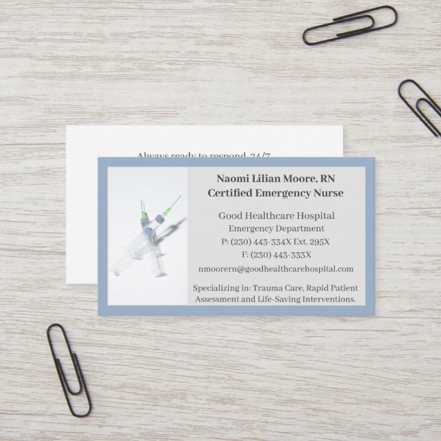 Blue Grey Syringes Healthcare Registered Nurse RN Business Card (Front/Back In Situ)