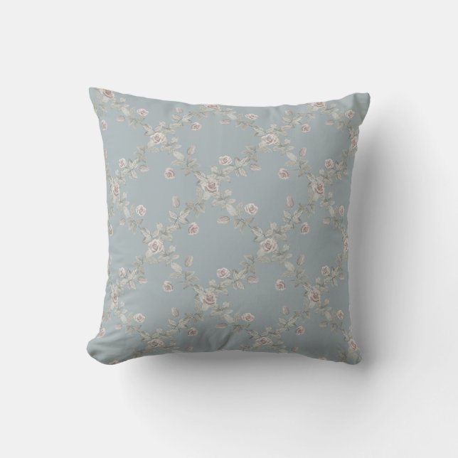 Blue Grey Taupe Rose Sage Trellis Pattern Cushion (Front)