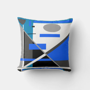 Blue Grey Teal Black White Geometric Abstract Art Cushion
