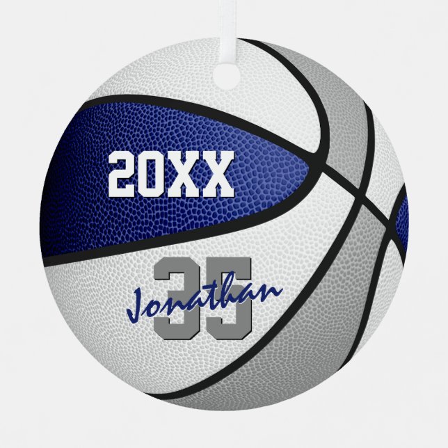 blue grey team colours boys girls name basketball metal tree decoration (Front)